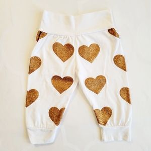 🤎 New! Gold Sparkle Heart Jogger Pants, Infant Baby Girl 3-6 mo, Gold & White
